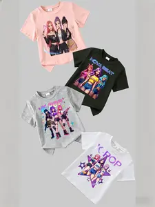 Kids 4-Piece Set Casual Short Sleeve T-Shirts, Graphic Tee, Cartoon Print, Soft Fabric, Spring Summer Wear, Girls Ages 8 and Under