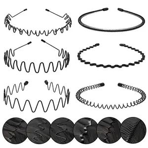 6 Pack Metal Headbands – Non-Slip Wavy Hair Bands for Men & Women – Adjustable Elastic Sports Headband for Gym, Running, Face Wash & Daily Skincare – Sleek Black Hair Hoop Accessories