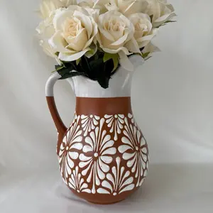 Handmade Talavera Brown Jarra with White Rim - Decorative Vase for Flowers, Ideal for Home Decor