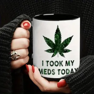 1pc Novelty Marijuana Leaf Mug, 11oz Ceramic Coffee Cup with "I TOOK MY MEDS TODAY" Design - Green Leaf Graphic, Reusable, Hand Wash Only, Perfect Gift for Marijuana Enthusiasts, Marijuana Themed Gift|Playful Mug Design|Reusable Ceramic Mug