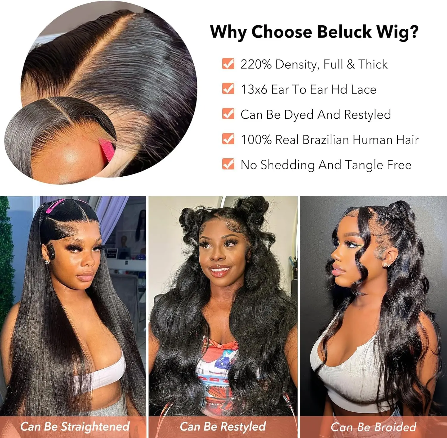 13x6 Glueless Lace Front Wig Human Hair Body Wave 220% Density Drawstring Cap Body Wave 13x6 Lace Front Wig Human Hair Pre Plucked HD Lace  main image 3
