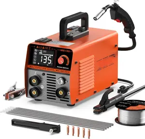 135A MIG Welder, Potable Stick/Lift TIG/Flux Core MIG 3 In 1 Multiprocess Flux Core Welding Machine 110V Large LED Display Inverter Welder Full Kit