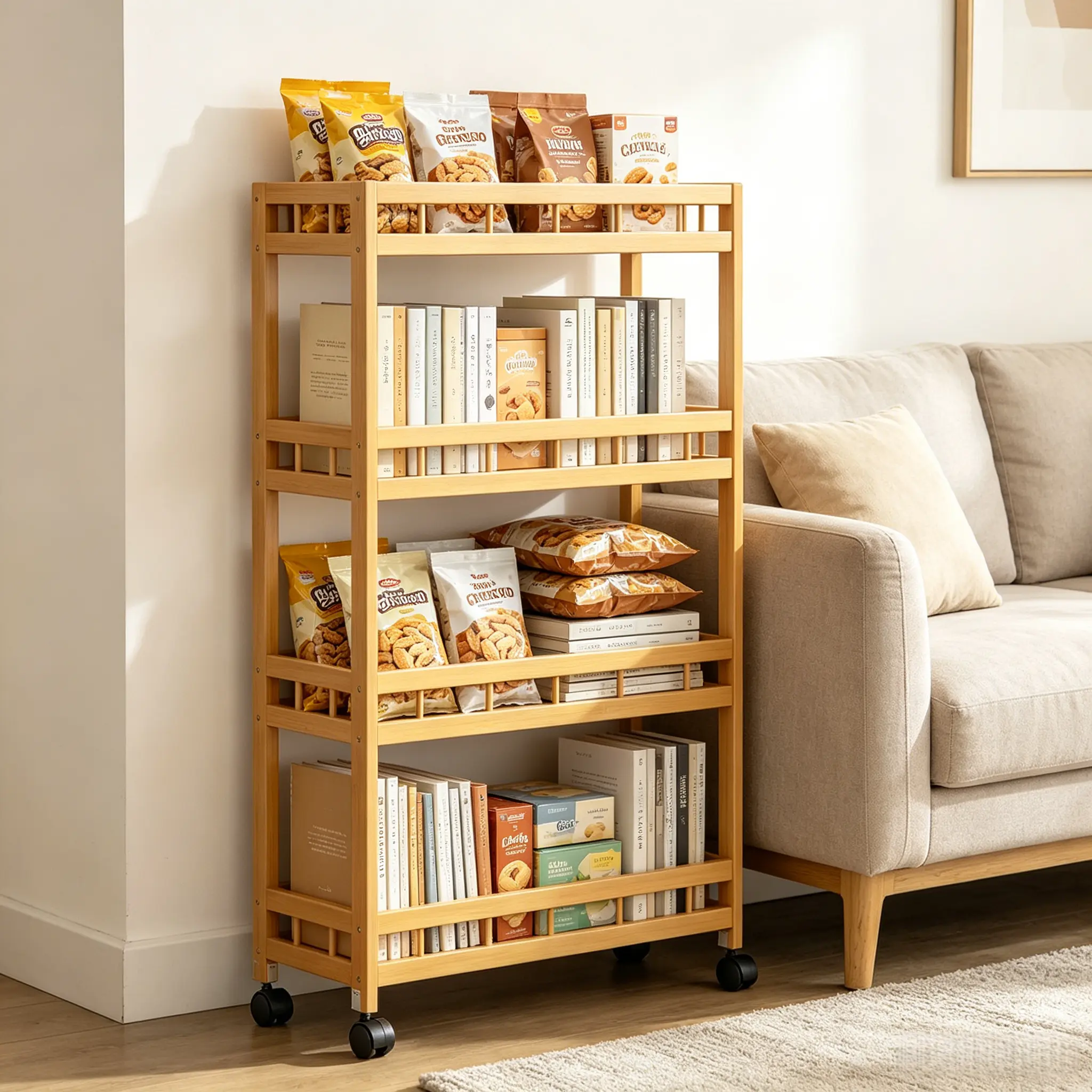 HUOMAQFAN 4-Layer Natural Bamboo Rolling Storage Cart - Organiser Rack, Slim Rectangle Adjustable Multi-Level Utility Cart with Smooth-Rolling Lockable Casters, 7.1" Width Easy-Install Shelf for Narrow Kitchen Spaces, 20-25 Kg Capacity, Bamboo Stand