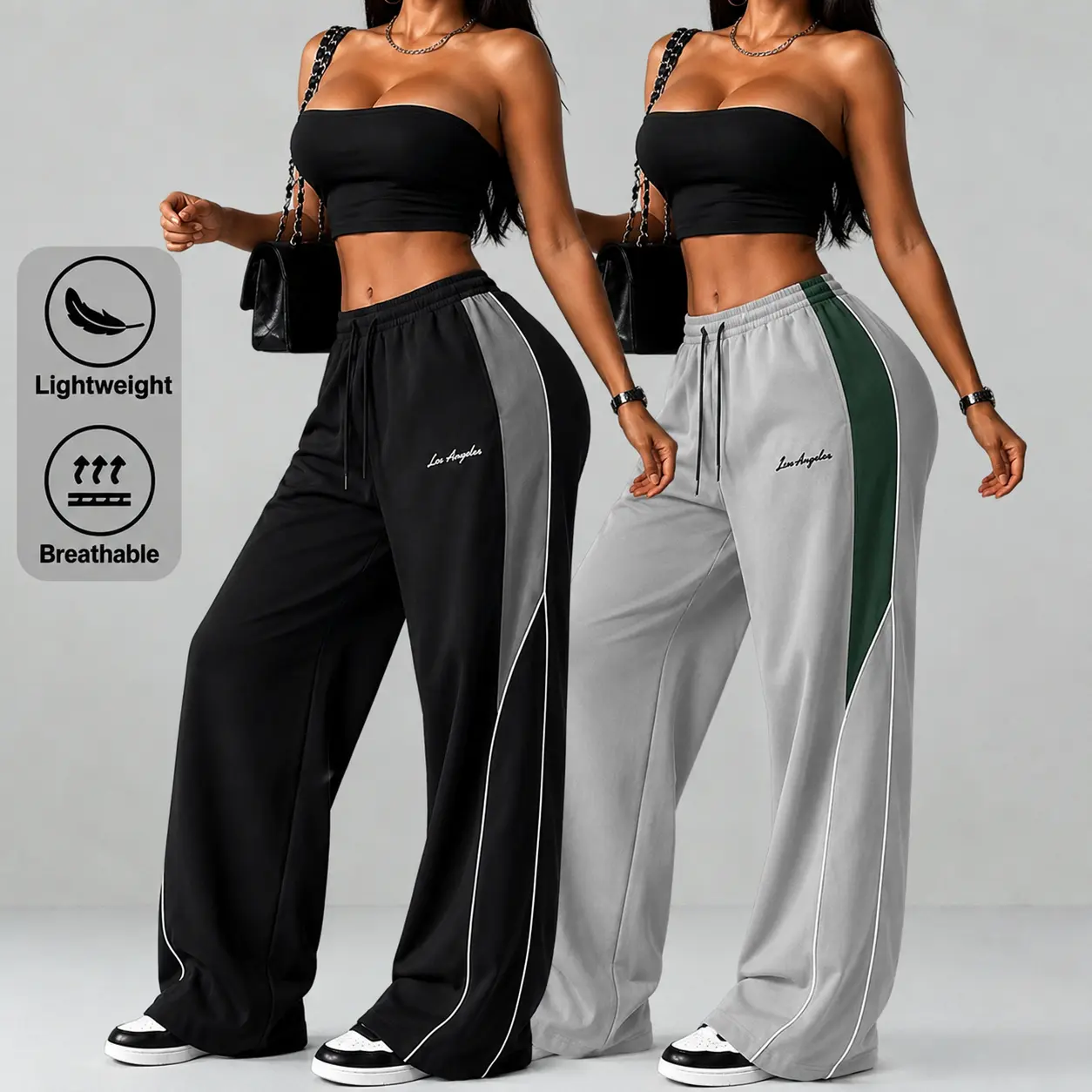 2-pack women’s lightweight loose summer sports pants—lightweight and soft; street dance pants, Y2K style. Women’s loose casual long pants in gray with side contrast stripes and white decorative stripes, comfortable design, sporty casual athletic bottoms