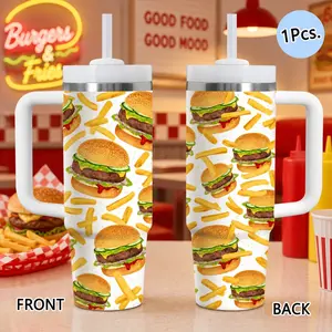 Funny Burger & Fries Fast Food Junkie Vacuum Flasks 40oz Stainless Steel Tumbler with Handle & Straw, Vacuum Insulated Travel Mug Keeps Drinks Cold Up to 34 Hours, Leak-Resistant Cup for Iced Coffee, Water, Office, Gym or Travel