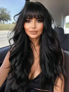 26 Inch Long Wavy Wigs for Women, Gorgeous Fluffy Wigs with Curtain Bangs, Synthetic Full Machine Wigs for Party, Daily Use