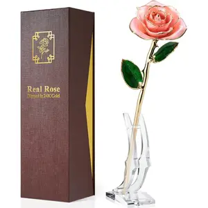 Gold Dipped Rose - Real Rose Preserved in 24K Gold with Stand, Forever Gift for Her, Mother's Day, Valentine's Day, Anniversary - Gift for Wife, Mom, Girlfriend - Pink