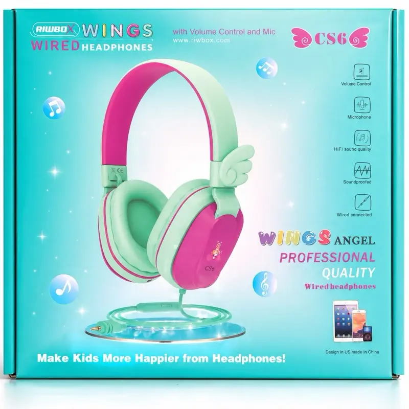 Riwbo Wings Angel CS6 Wired Headphones with Volume Control and Mic Professional Quality for Kids