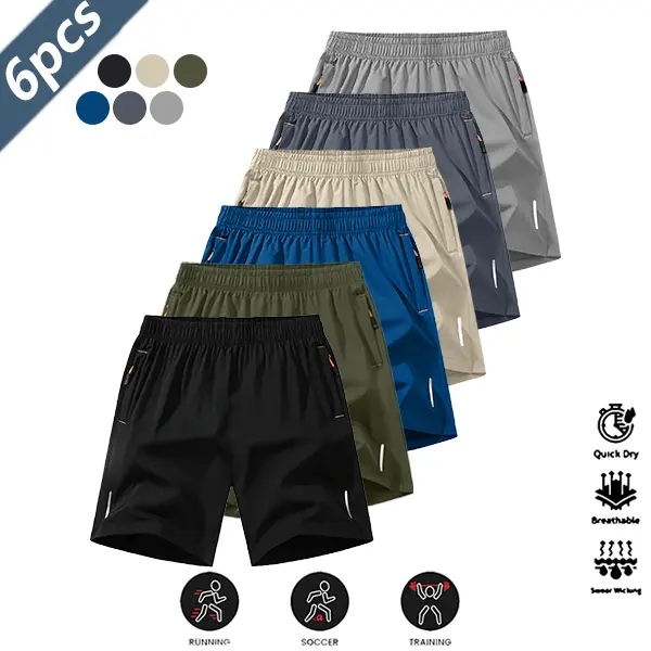 Men's 6-Pack Fitted Activewear Shorts - Quick Dry, Breathable, Lightweight Anti-Wrinkle Polyester Blend Solid Color with Reflective Strips, Drawstring Elastic Waist for Running, Ping Pong, Gym Workout