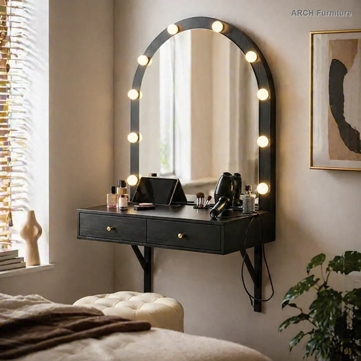 ARCH Floating Wall-Mount Vanity Writing Desk - Compact Stainless Steel Vanity Setup with 3-Color LED Adjustable Mirror, Power Outlet, USB Ports, Charging Port, 121 lbs Capacity, 31.5x15.7x53.9 in Space-Saving Storage for Bedroom Home Decor