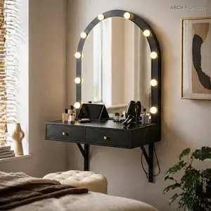 ARCH Floating Wall-Mounted Vanity Desk - Compact Dressing Table with 3-Color LED Mirror, Power Outlet, USB Charging, Large Space-Saving Storage, Bedroom Accessories, Bathroom Decor, Black