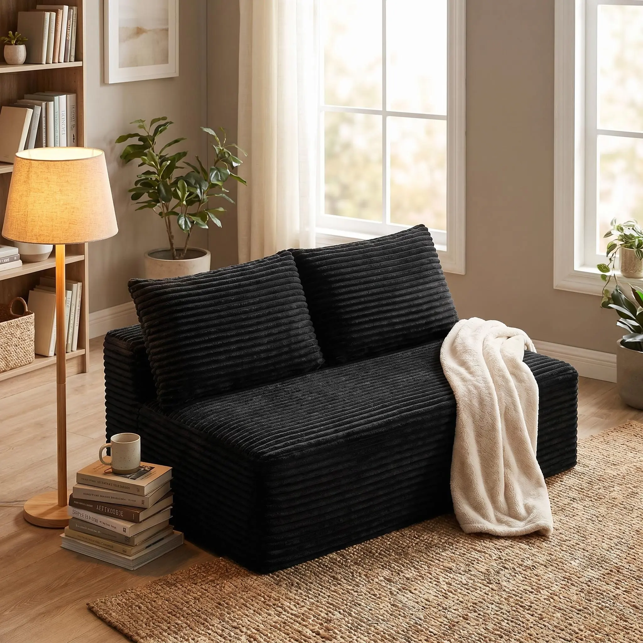 Corduroy Compressed Loveseat, Legless Ground-Hugging 2-Seater Armless Modular Sofa, No Assembly Modern Low Profile Floor Couch for Living Room, Bedroom & Small Apartment，Black