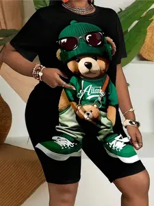 2-piece women's casual cute cartoon bear short sleeved T-shirt and shorts set, Womenswear, suitable for going out in summer and holidays
