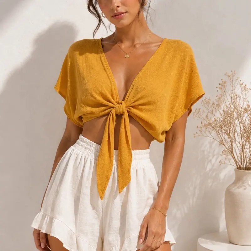 Women's Mustard Yellow Tie-Front Crop Top