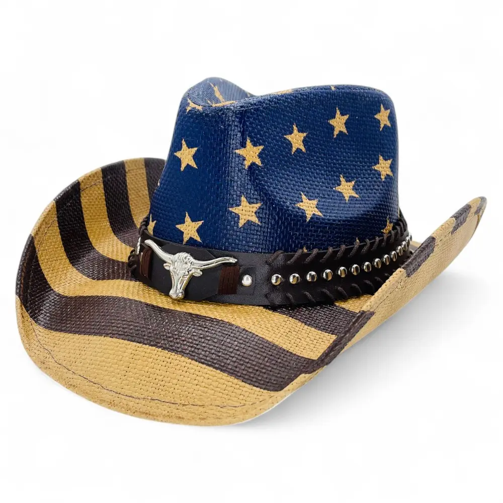 "American Flag Bull Skull" Western Cowboy Hat, Mult-Styles, Hard Shell, American Flag, UV Protection, Unisex