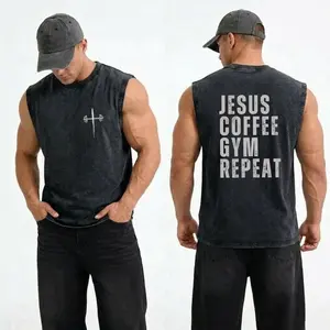 Jesus Coffee Gym Repeat Washed Tank Top, Gym Essential, Vintage Casual Crewneck Short Sleeves Menswear T-shirt Classic Cotton Fabric Streetwear