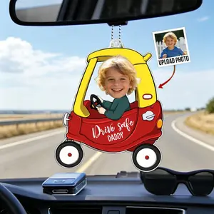 Personalized 1–4 Kid Photos Car Hanger, Drive Safe Daddy Acrylic Car Ornament, Custom Photo Car Mirror Hanging Gift, New Dad Gift, Father’s Day Gift for Husband, Daddy Car Accessory, New Driver Keepsake, Acrylic Auto Decor