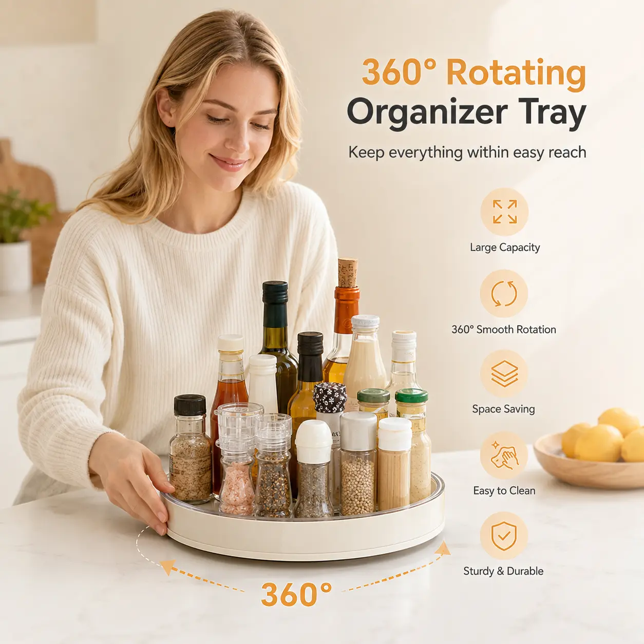1 Count, 360 Degree Rotating Storage Tray, Multi-functional Organizer for Kitchen Counter Condiments, Bathroom Skincare and Daily Sundries Storage