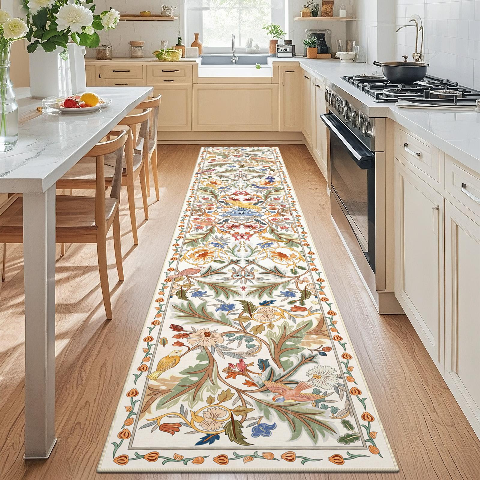 Geanup Washable Bird Rug Non Slip, Soft Boho Floral Kitchen Laundry Rug with Rubber Backing, Low Pile Runner Rug for Entryway Bedroom Living Room Bathroom