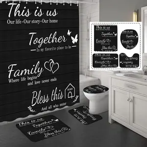 4Pcs Family Shower Curtain Sets with Non-Slip Rugs, Toilet Lid Cover and Bath Mat, Black Home Bathroom Decor Set Accessories Waterproof Shower Curtains