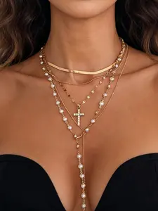 Vintage Metal Cross Pendant Y-Shape Long Necklace Set, Bohemian Style Faux Pearl Chain, Women's Daily Wear Jewelry Gift