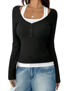 Women's Sweet Spicy Halter Top, Tight Fit Faux Two-Piece Design, Single Button Color Block Elastic Long Sleeve Shirt, Daily Wear