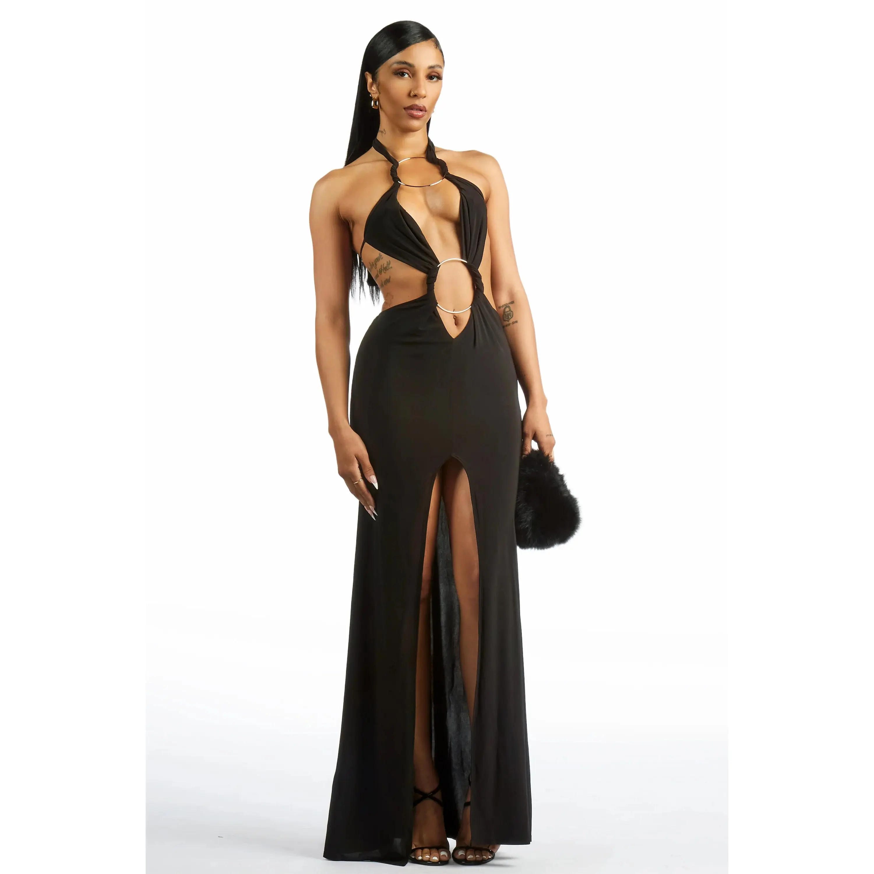 Two-Ring Black Maxi Cut-Out Dress