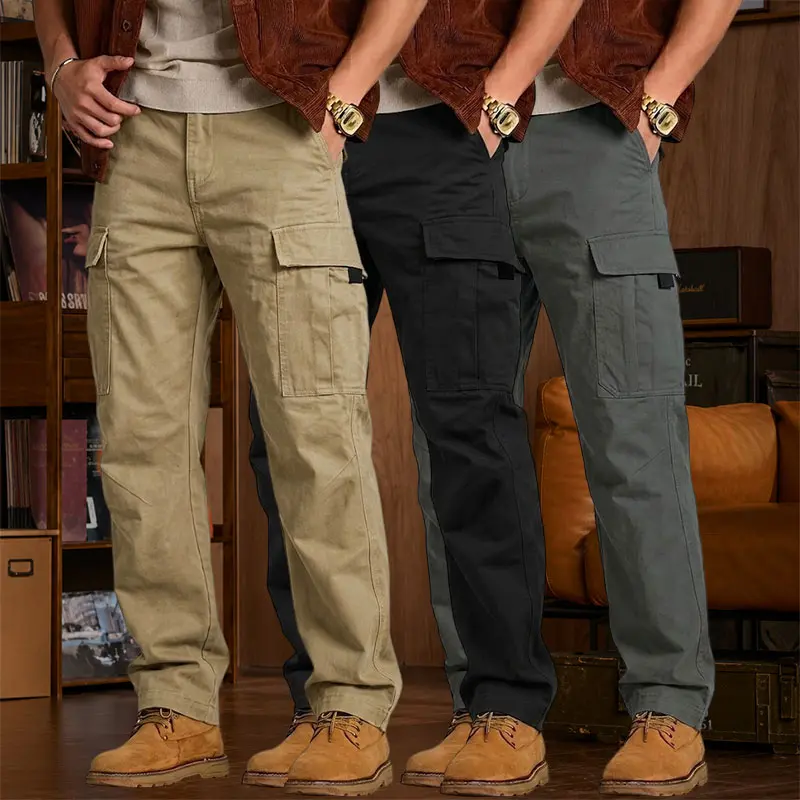 Men’s classic multi-pocket cargo pants, 3-pack—casual, stylish straight-leg work trousers suitable for outdoor, street, and everyday wear.