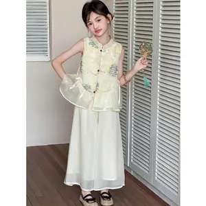 Girls' Summer Traditional Chinese Style Sleeveless Han Element Printed Vest + Wide-Leg Pants Daily Hanfu Two-Piece Set
