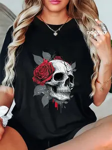 100% Cotton Unisex Rose Skeleton Skull Hand Red Flower Rose T-Shirt Casual Top