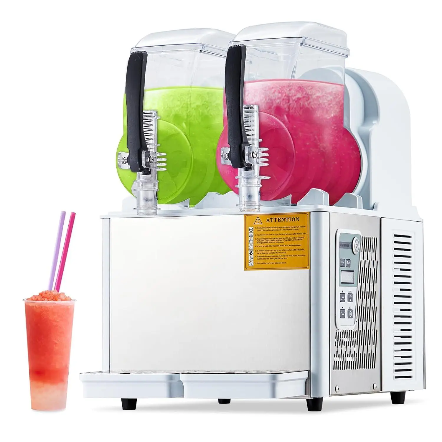 Garvee Commercial Self-Cleaning Slushy Maker, 2-Tank 4L Each Stainless Steel Frozen Drink Machine, 370W for Home & Coffee Shop