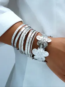 8 Piece Rhombic Flower Cuff Bracelet Set, Irregular Design Hand Chain Accessories for Women, Daily Wear, Party Gifts, All Seasons