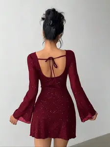 Elegant Chic Bow Backless Sparkle Fabric Long Sleeve Tight Mini Dress, Women's Dress, Lady, Sexy Party Wear, Summer Fashion, Casual & Clubwear, Womenswear