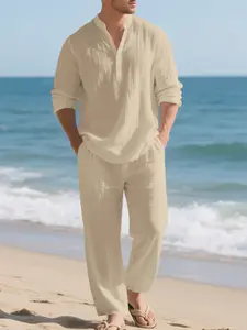 Men's linen casual suit, loose and comfortable breathable V-neck shirt + linen trousers, suitable for daily wear, comfortable and fashionable for beach and vacation outings. The perfect gift for him.