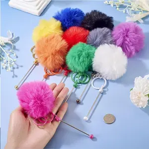 10pcs Beadable Keychain Bars with Pom Pom Ball Fluffy Beaded Keychain Making Kit Metal Blank Bars for DIY Pendant Jewelry Craft Making Purse Bag Charm Women Man Pastel Color, DIY Crafting Wedding Holiday, Mother's Day, Best Friend Gift