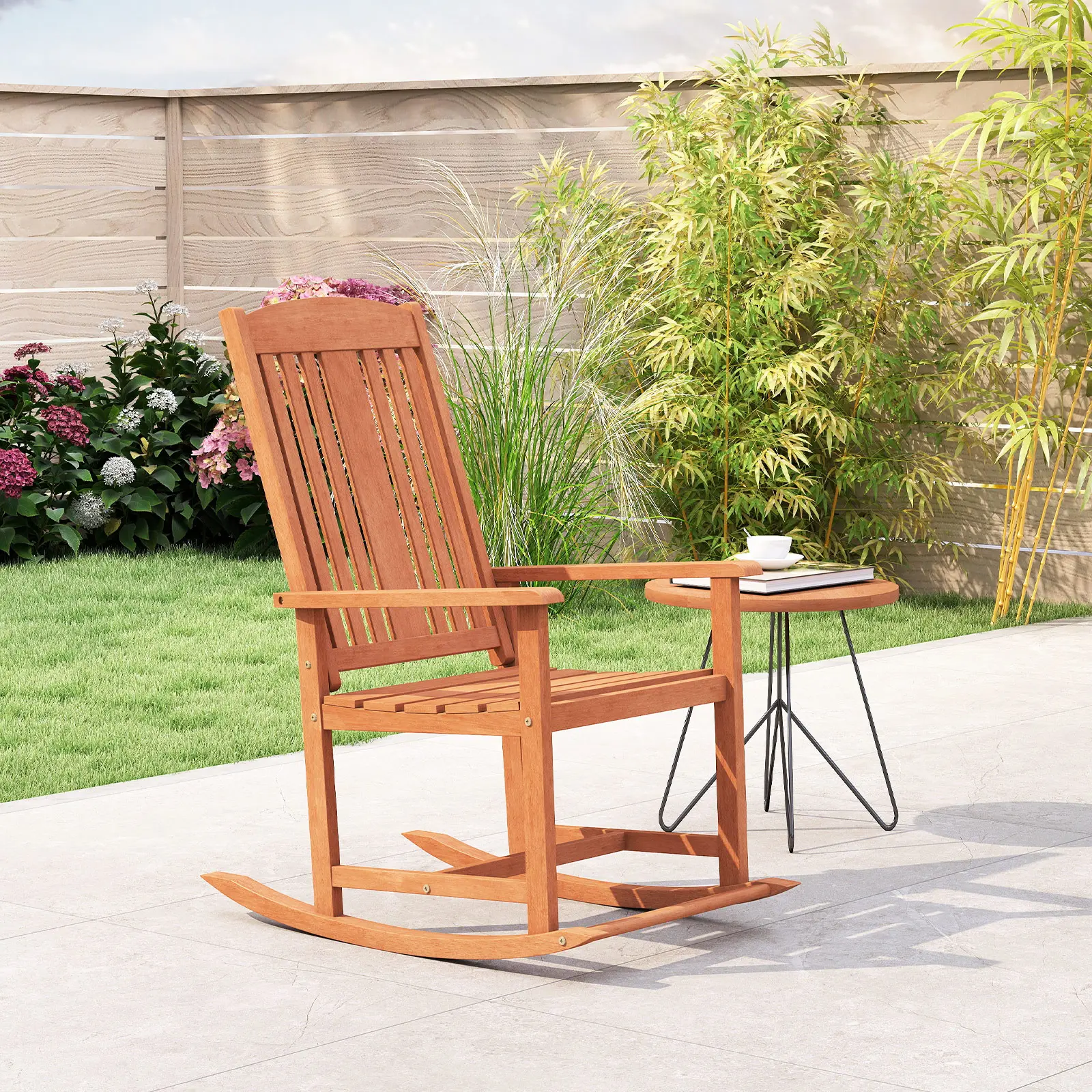 COSTWAY - Outdoor Rocking Chair Solid Wood High Back Rocker with Slatted Seat
