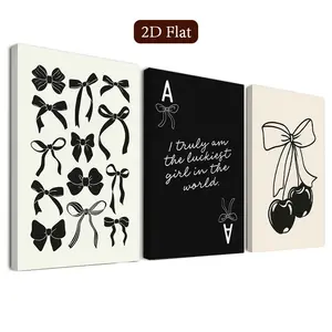 3 Piece Cherry Pattern Framed Wall Art Set, Ribbon Design Canvas Poster, Minimalist Art Print, Fashion Style, Classroom Decor, Home Office, Bathroom