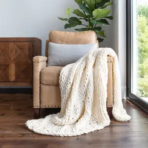 Chunky Knit Throw Blanket Braided, Soft & Cozy - Becky Cameron, Ivory, Throw