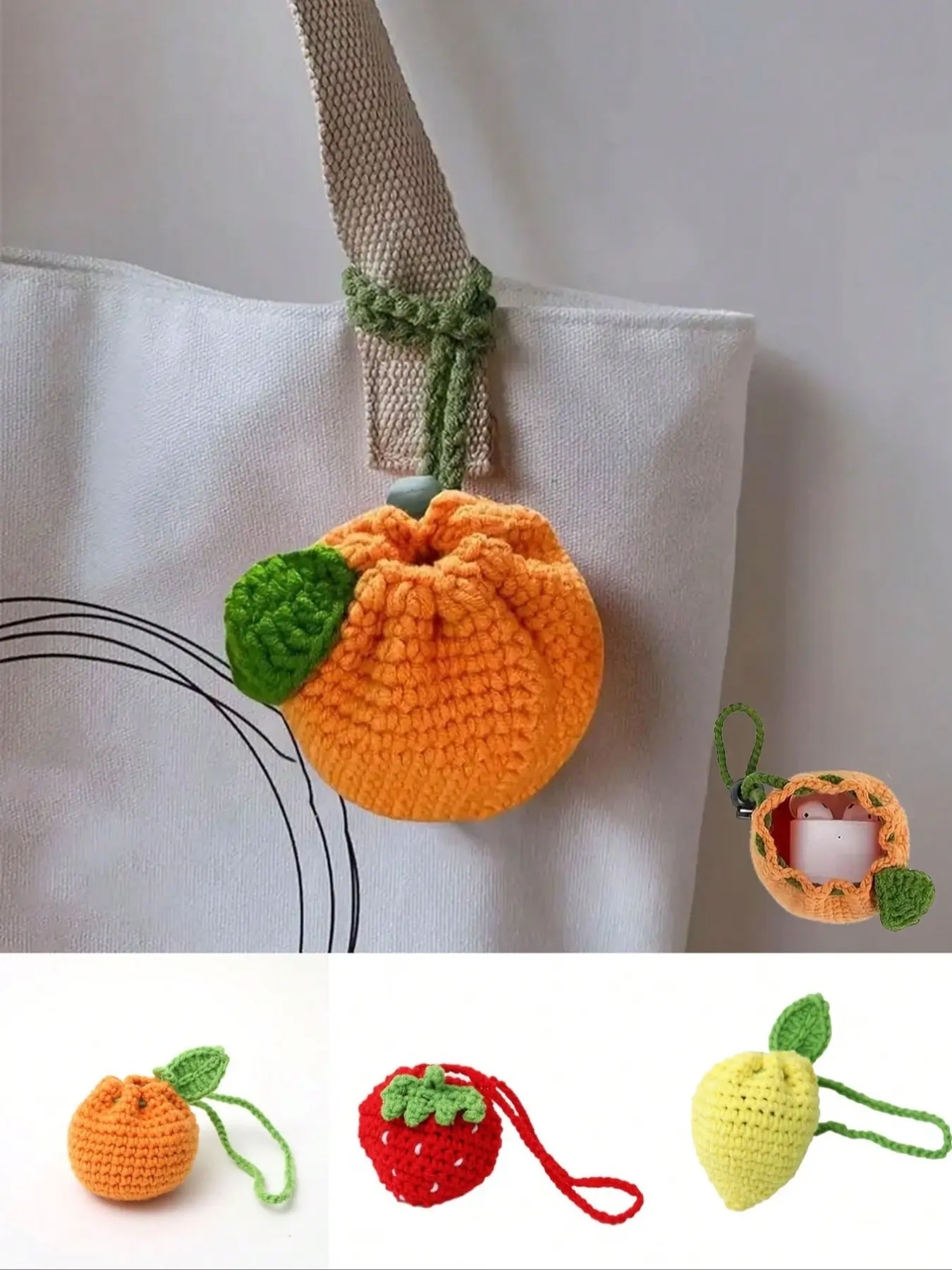 Handmade Crochet Fruit Coin Purse, Bright Knitted Wallet, Strawberry Storage Bag, Bag Charm, Earphone Holder, Key Organizer, Fashion Travel Accessory, Kawaii Wallet