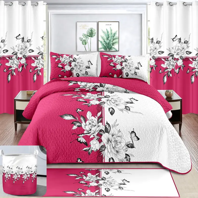 King Size Cotton Bedding Bundle 8 Pieces - Includes Curtains, Flat Top Sheet, and Fitted Bottom Sheet