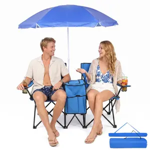 Folding Double Camping Chair w/Umbrella Beverage Holder Carrying Bag Cooler Fold Up Table, Large Bearing Capacity for Beach Patio Pool Park Outdoor Blue sillas de campar with canopy