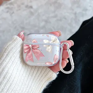 Bow Elegance Pattern TPU Soft Protective Case for Apple AirPods 4/3/2/1/Pro/Pro2 Transparent Earphone Cover with Keychain Attachment