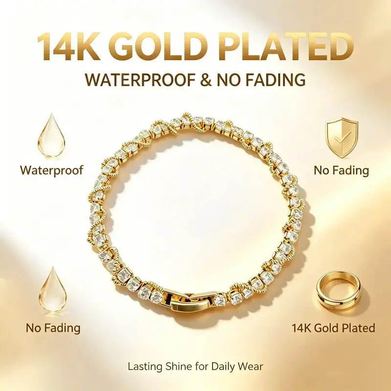 14K Gold Plated Tennis Bracelet for Women, in trendy twisted rope design, inlaid with sparkling round cubic zirconia. Waterproof and tarnish resistant with hidden clasp, luxurious and versatile, perfect for daily wear, weddings and dates.