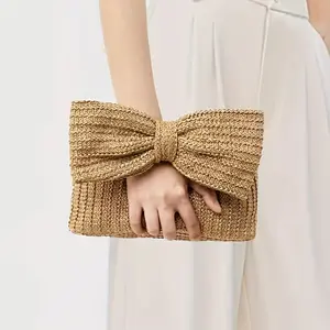 Women's Bow Straw Clutch Bag, Cute Handheld Woven Purse for Summer