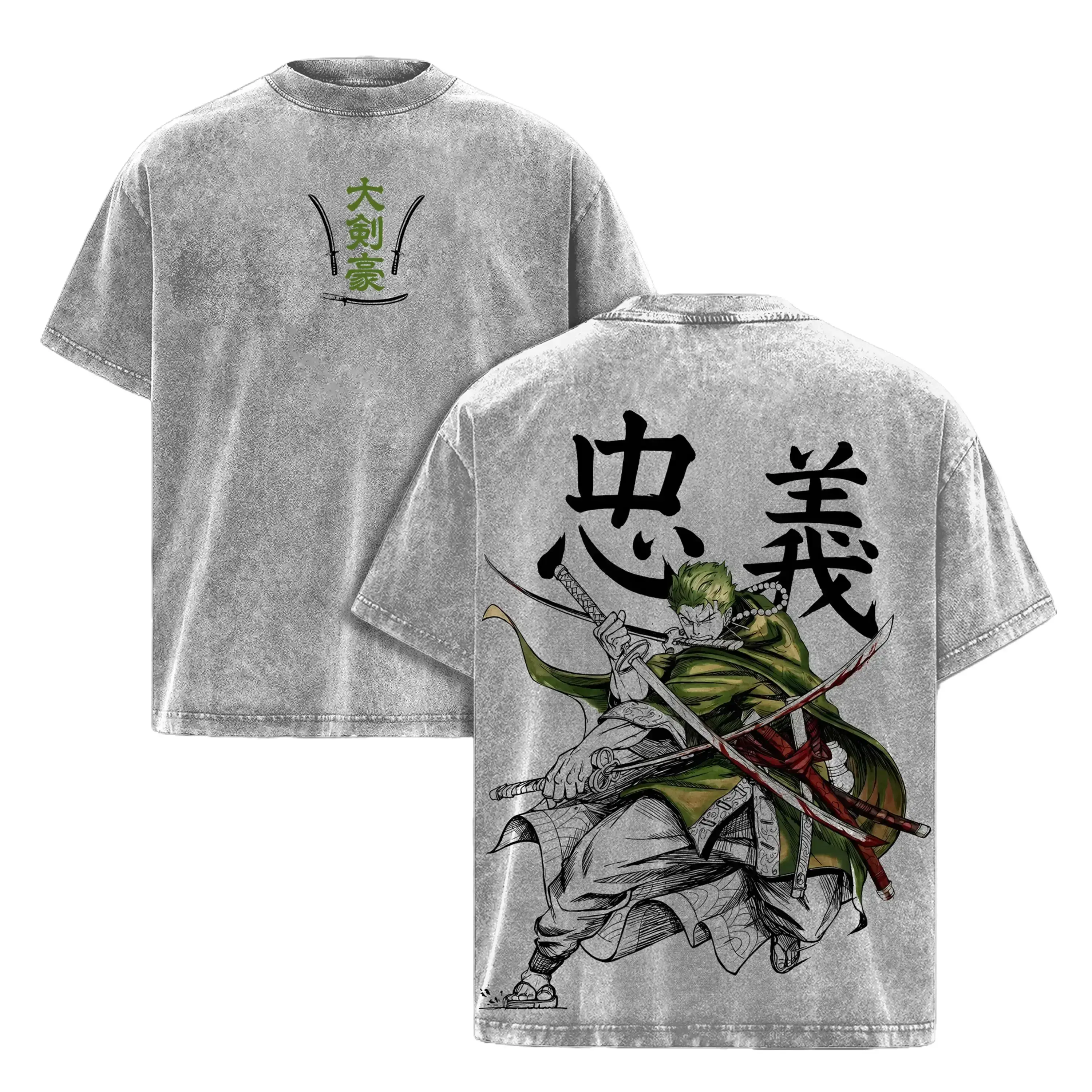 Roronoa Zoro Washed Tee / Hoodies – One Piece Anime Pirate Hunter Santoryu Three Sword Style Manga Graphic Double Printed T-Shirt, Menswear Heavy Cotton Unisex Oversize Streetwear Vintage