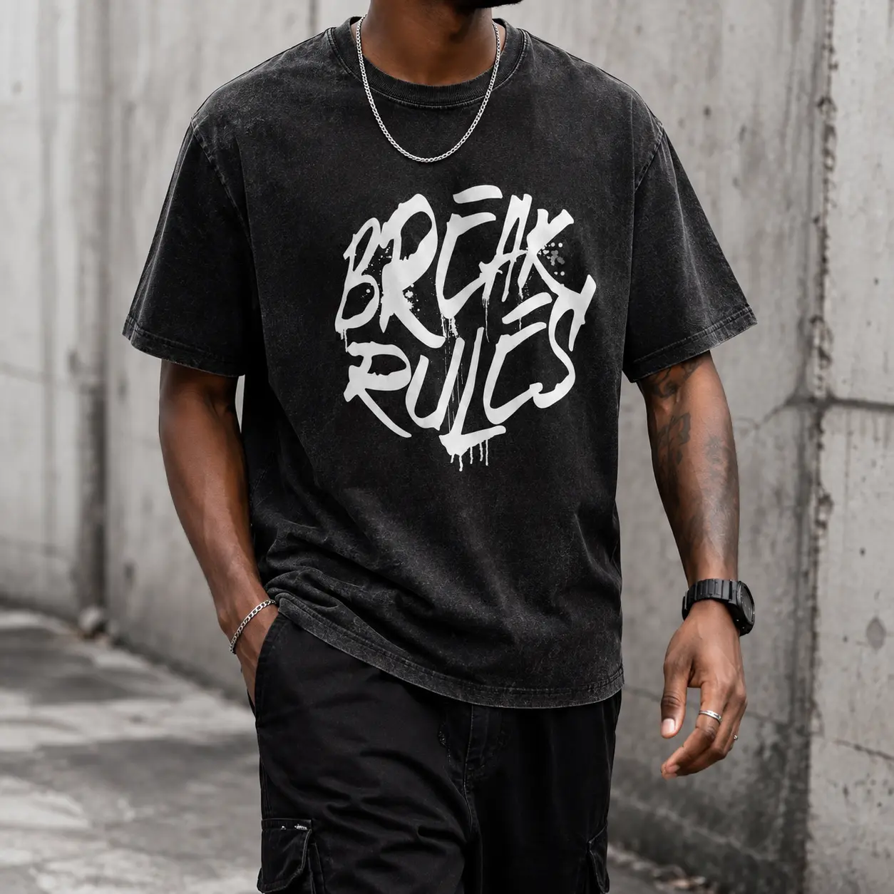 Acid‑Wash Front Print T‑Shirt, Break Rules Drip Graffiti Font Street Graphic Tee, Edgy Rebellious Slogan Dripping Paint Urban Hip‑Hop Crew Neck Short‑Sleeve Top for Men and Women 3316