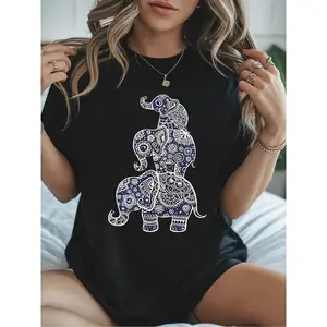 Wo Bohemian Elephant Mandala Print T-Shirt - Blue And White Ethnic Short Sleeve Crew Neck Top, Lightweight Breathable Fabric With Moderate Stretch, Casual Spring Summer Casual Attire, Machine Washable Boho Style Tee, Relaxed Fit, Artistic Design