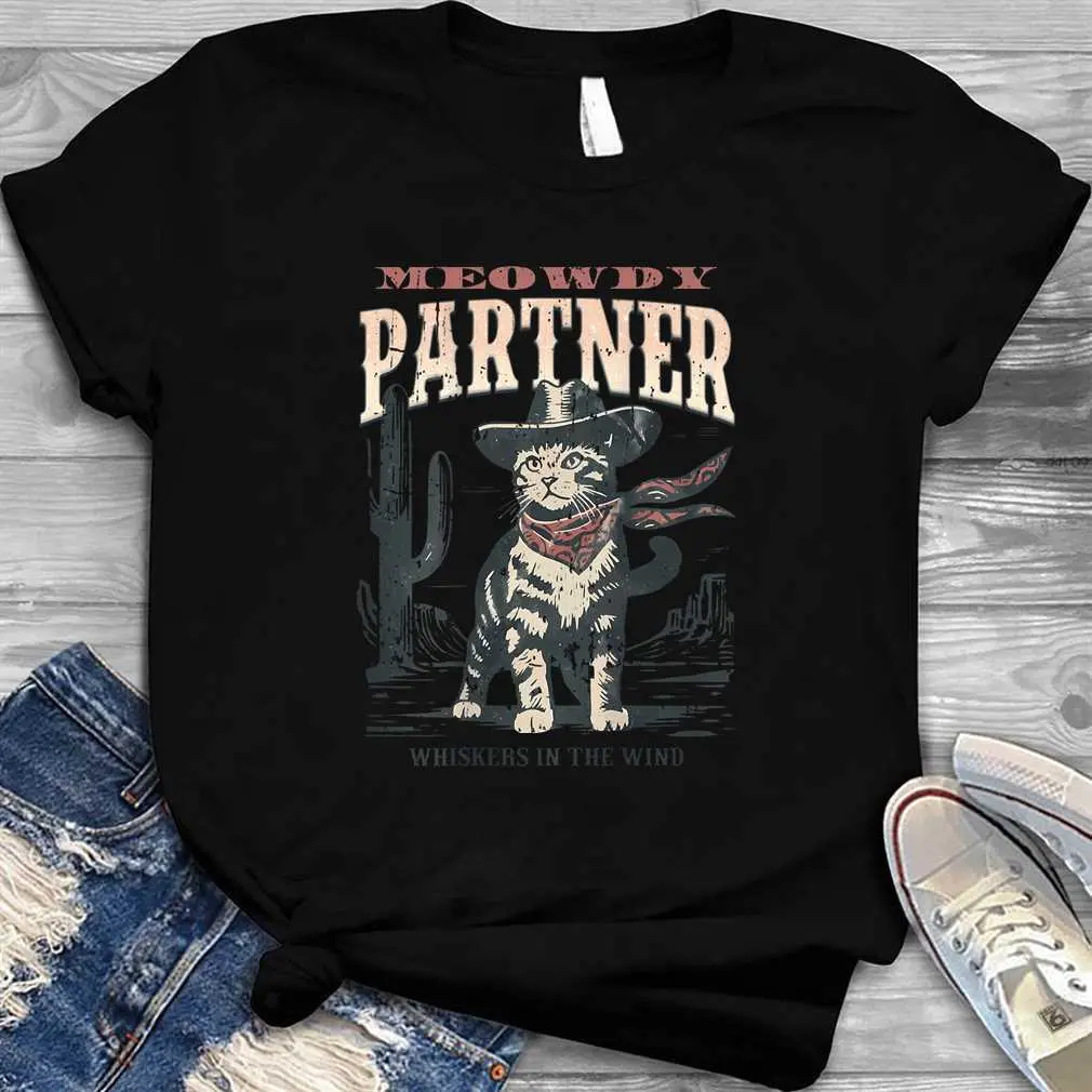 (On Back) Meowdy Partner Whiskers In The Wind Cowboy Cat T-Shirt_1