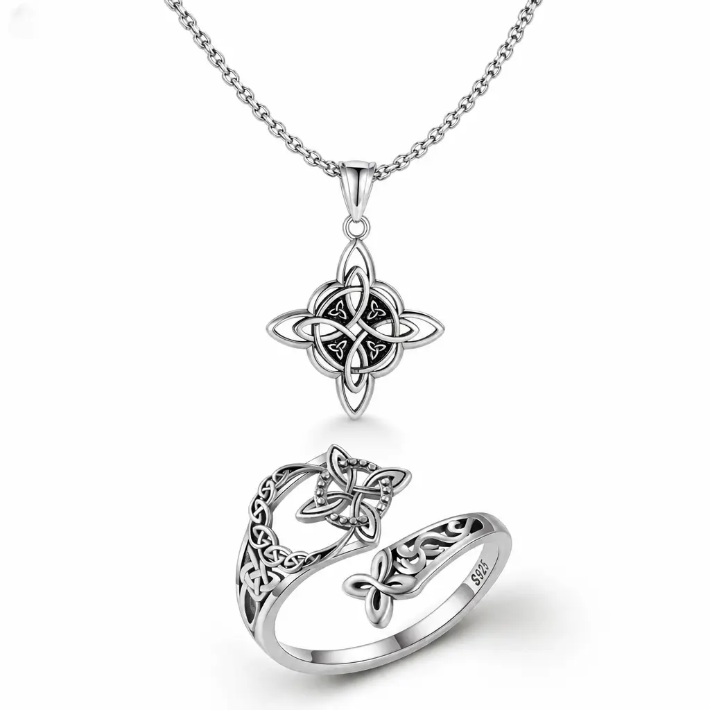 Vintage Oxidized 925 Sterling Silver Witch Knot Jewelry Set for Women, Irish Celtic Fox Adjustable Open Ring & Wiccan Witch Knot Pendant Necklace, Hypoallergenic Protection Amulet Jewelry Gift for Holiday Party