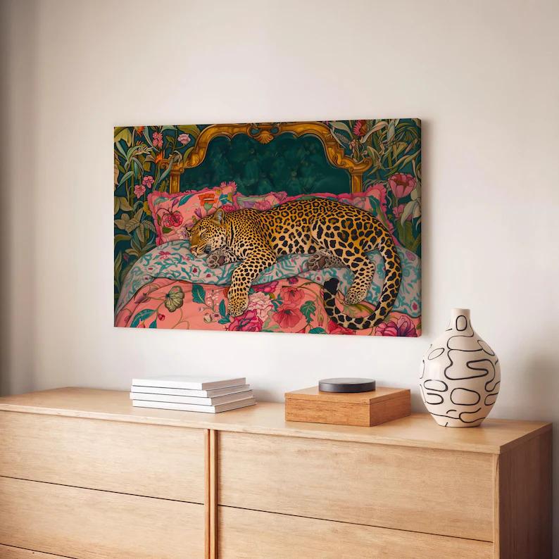 Sleepy Leopard in a Vintage Bed Print - Pink & Emerald Green Maximalist Wall Art - Jungle Bedroom Decor